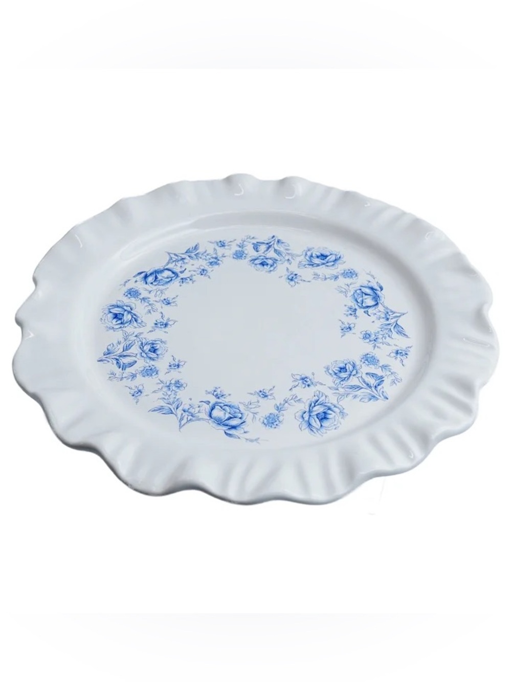 MY TEXAS HOUSE NWT 4pc floral ruffled-edge stoneware plates -blue/white 8.5”